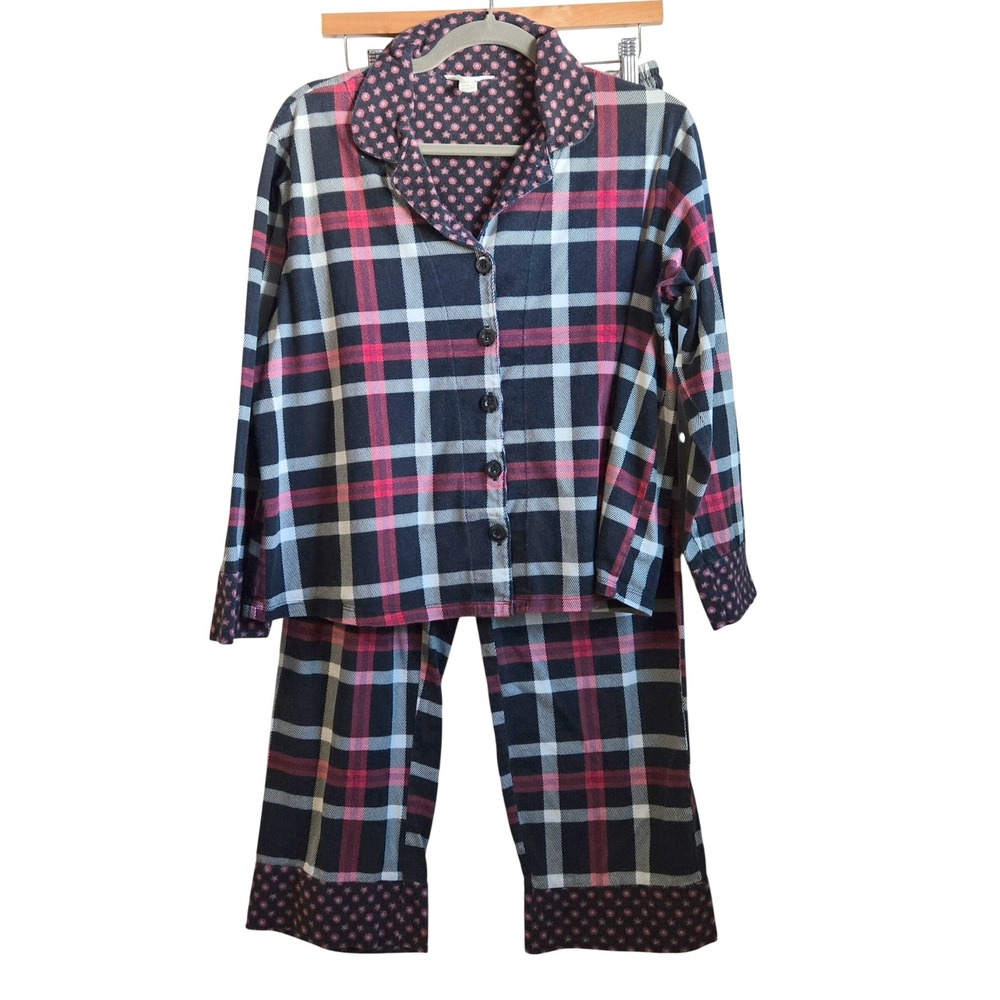 Vera Bradley Pajama Set Womens L Plaid Floral Button Down Top Pants Black Pink